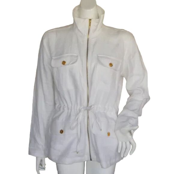 CHAPS Linen Jacket, L, White, Zipper, Pockets Golden Buttons, Cinch Waist - Picture 1 of 9